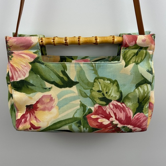 Fossil Floral Canvas Shoulder Bag Bamboo Handle Green Pink Tropical Purse - Picture 8 of 10